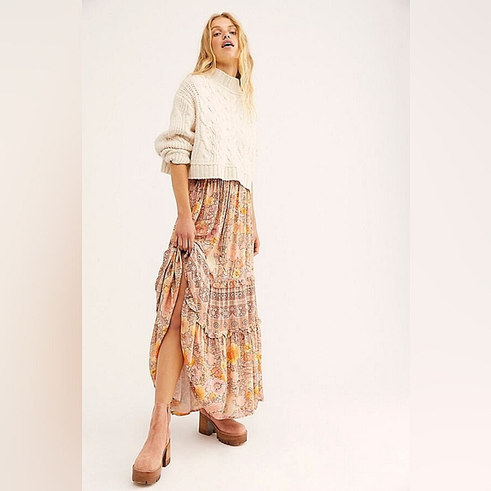 Spell Floral Tiered Maxi Skirt in Peach Pink and Yellow - Picture 4 of 4